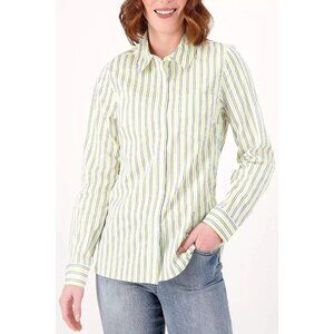 Denim and Company Printed Button Front Shirt Womens M Yellow Stripe Cotton Blend